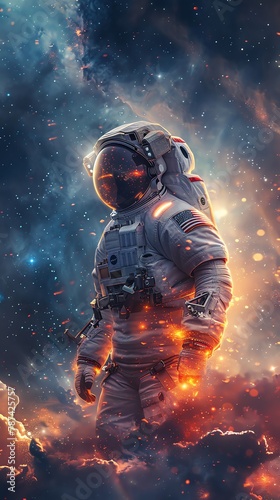 An astronaut is standing on a planet with a beautiful nebula in the background.