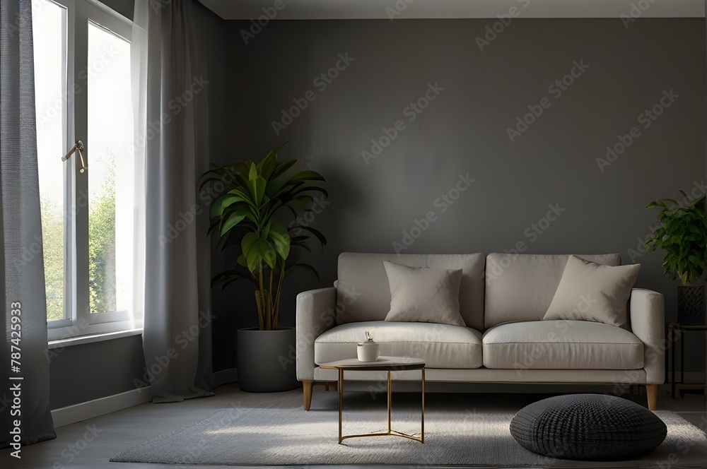 Interior image of a living room with gray walls with a comfortable sofa, center table, rug, curtains and a flower pot, while sunlight coming through the windows and a floor lamp illuminate the place. Interior image of a living room with gray walls with a comfortable sofa, center table, rug, curtains and a flower pot, while sunlight coming through the windows and a floor lamp illuminate the place.