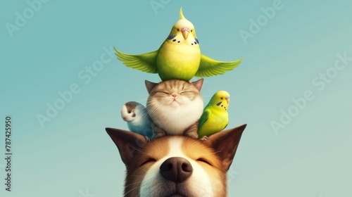 A delightful image capturing a towering stack of animal companionship: a parakeet, a guinea pig, and a cat perched atop a dog's head, symbolizing harmony and diversity,Surreal landscapes photo