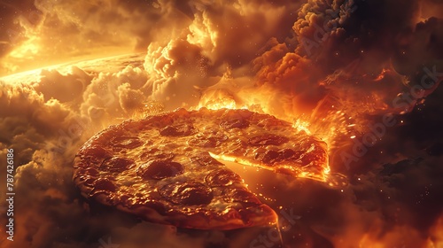 Pizza on fire in the clouds