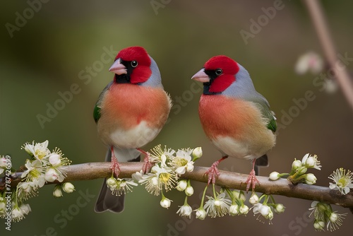 Two beautiful birds perched on flowering tree branch in forest