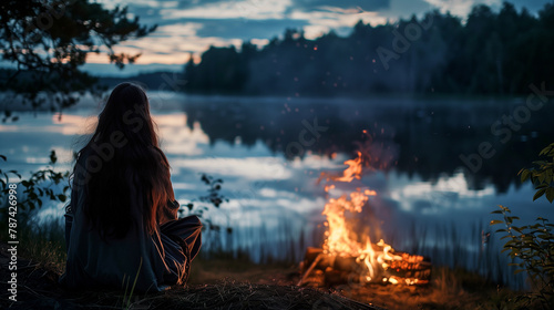 A girl watching a bonfire on a midsummer night. Summer festival in Scandinavia.
