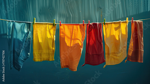 a studio shot of a Brightly colored clothes hanging to dry in the background