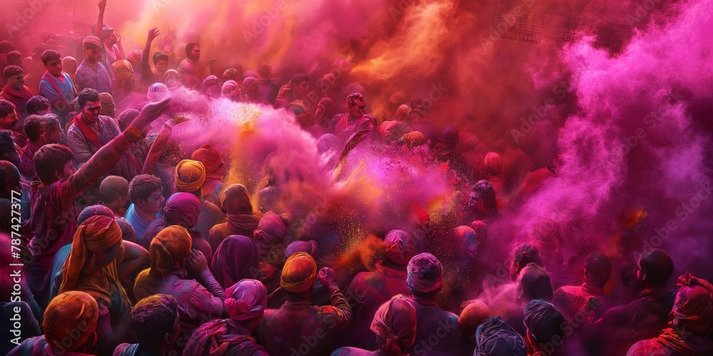 Crowd enjoying the traditional Holi festival with clouds of pink and purple powder filling the air, culture, joy