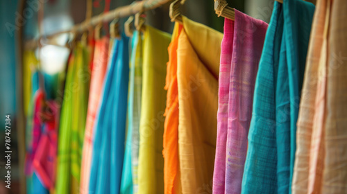 a studio shot of a Brightly colored clothes hanging to dry in the background