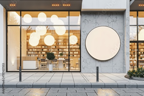 Modern bookstore exterior with stylish round signboard, illuminated at twilight