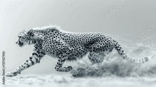 Wireframe cheetah in motion with dynamic lines and dust particles. Digital illustration perfect for concepts of speed, wildlife technology, and digital art