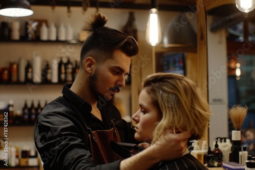 A contemporary female barber is styling a client's hair in a modern, warmly-lighted barbershop