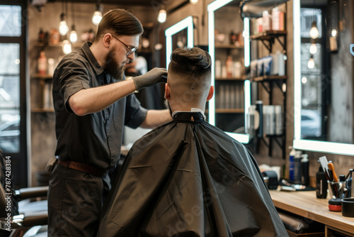 In a modern salon, a focused stylist is adeptly performing a fade haircut, showcasing expertise in men's grooming