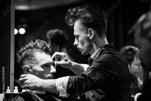 A black and white image captures a hairstylist in the process of carefully crafting a modern look for a male patron
