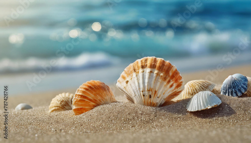 Close-up of beautiful sea shells on shore of the sandy beach. Blurred natural background. © hardvicore