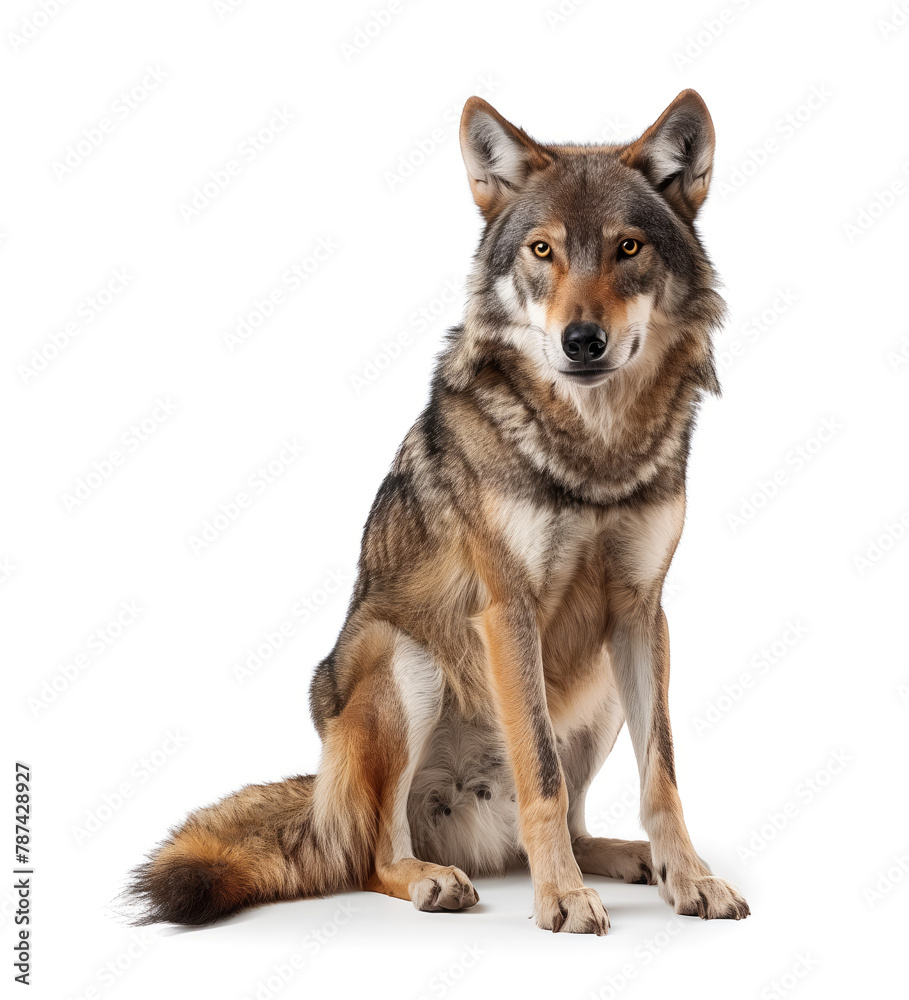 Alert wolf posed against a white backdrop