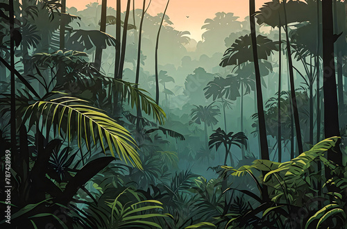 Jungle mist drifting through the trees at dawn vector art illustration image.