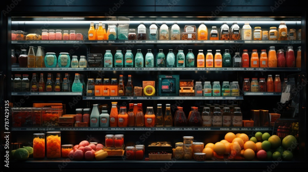 supermarket shelves with variety of food products, fruits and vegetables.
