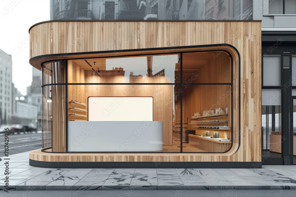 Modern urban store exterior featuring sleek wooden design and large display windows Modern urban store exterior featuring sleek wooden design and large display windows