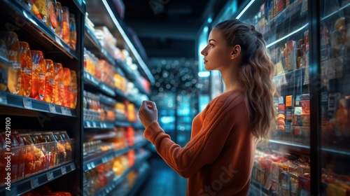 Side view of beautiful young woman in red sweater choosing food in supermarket