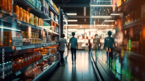 Supermarket interior with shelves with products and people walking in motion blur