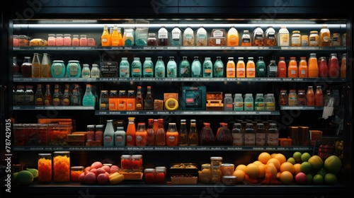 supermarket shelves with variety of food products  fruits and vegetables.