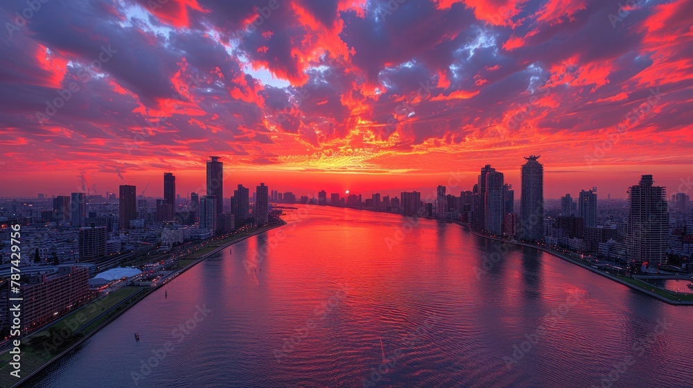 Majestic sunset casting warm hues over river with city skyline in distance