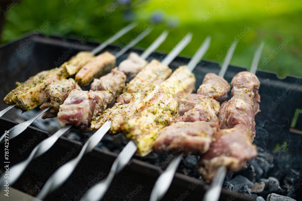 Chicken kabobs grilled on skewers outdoors. Summer activities.