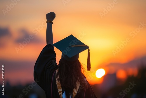 Close up photo of a female student wearing a black graduation cap and gown, raising her arm in the air with a diploma at sunset Generative AI photo