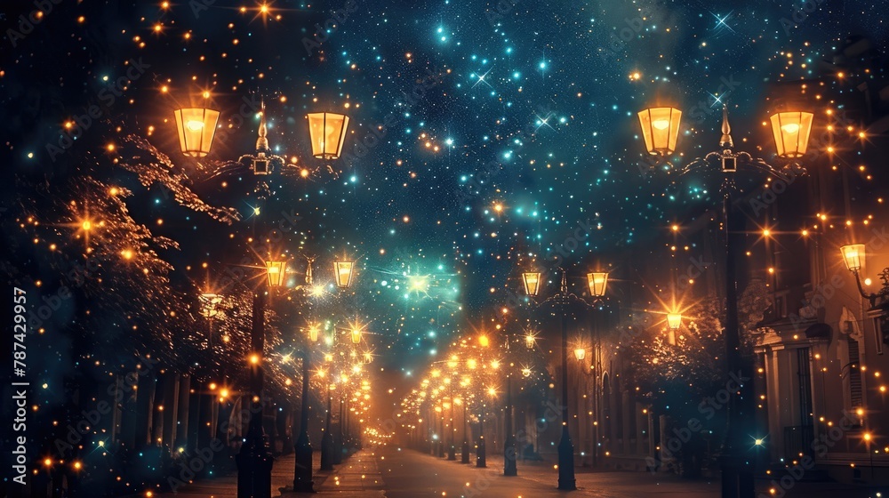 Lights from street lamps create galaxy like pattern in dark night Lights from street lamps create galaxy like pattern in dark night