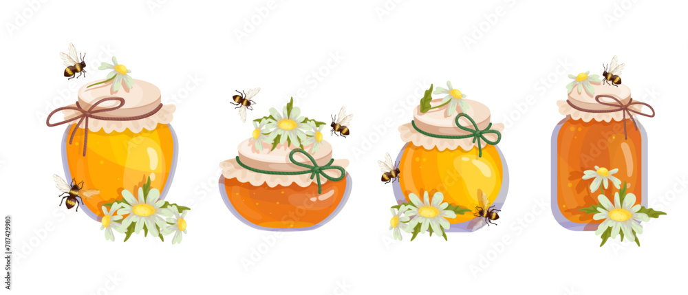 Fototapeta premium Set of honey jars with chamomile wildflowers and honey bees.Vector graphics.