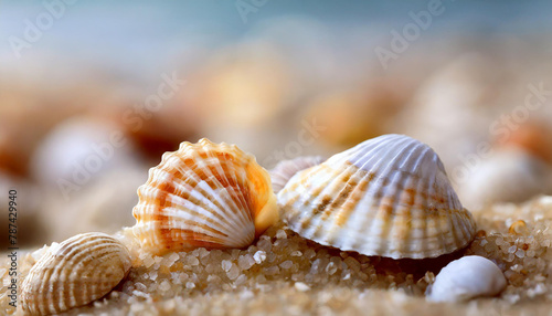 Close-up of beautiful sea shells on shore of the sandy beach. Summer vacation and travel