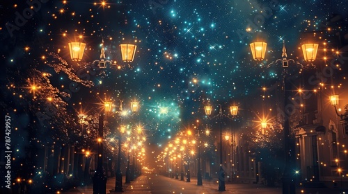 Lights from street lamps create galaxy like pattern in dark night
