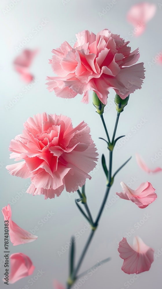 Soft pink carnation in full bloom against a pale blue background Soft pink carnation in full bloom against a pale blue background