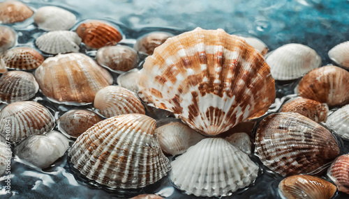 Close-up of beautiful sea shells in the water. Summer vacation and travel