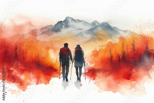 Red watercolor painting of a couple hiking in forest, adventure