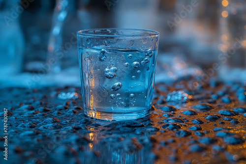 Fresh cool water in glass with ice cubes on blue background