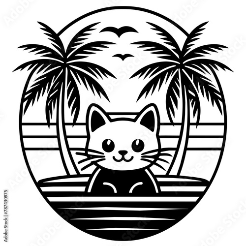 cat on the beach t-shirt logo icons vector illustration