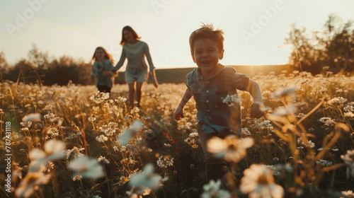Nature's Path, Parent and Child Wander Through the Field,Field of Wonder,Parent and Child Explore Nature Together,Exploring Together,Parent and Child Enjoying a Stroll in the Field,Bonding.