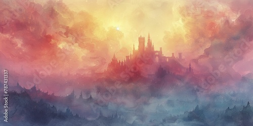 Explore an enchanting realm of epic battles, mythical beings, and vibrant watercolor illustrations centered around a majestic castle. photo