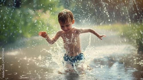 A child playing in a sprinkler or mud puddle unknowingly practicing earthing and reaping the health benefits of connecting with nature. .