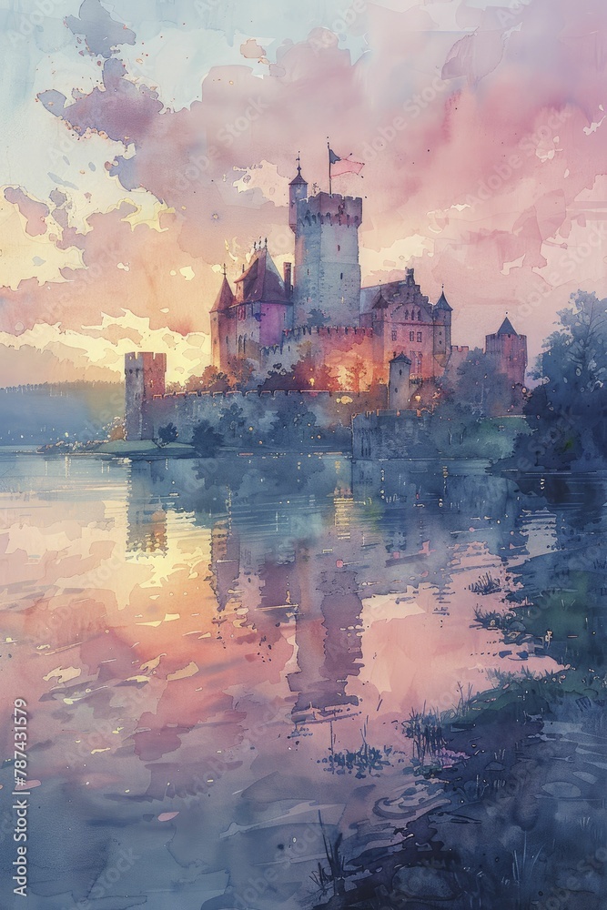 Castle hosting a craft beer festival, local breweries participating, beer tasting, live music, jovial atmosphere, watercolor style.