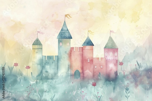 Explore a vibrant world filled with whimsical characters and colorful creatures in a playful watercolor-style children's book illustration of a castle.