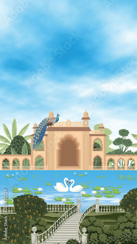 Traditional wedding invitation card design. Mughal Garden, Water lily and swan in a beautiful lake illustration for invitation. photo