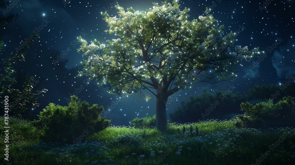 Within a serene garden bathed in moonlight, a solitary tree stands tall, its branches reaching toward the star-studded sky.
Within a serene garden bathed in moonlight, a solitary tree stands tall, its branches reaching toward the star-studded sky.