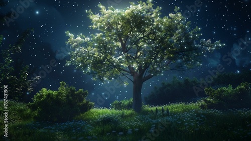Within a serene garden bathed in moonlight, a solitary tree stands tall, its branches reaching toward the star-studded sky.
