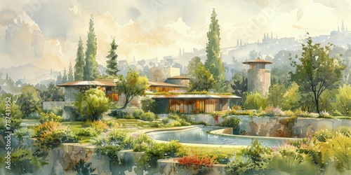 Discover a majestic fortress blending nature, innovation, and artistry in a picturesque watercolor setting.