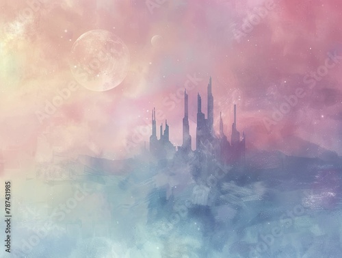 Imaginary alien castle on a distant planet, sci-fi theme, otherworldly landscape, glowing structures, watercolor style. photo