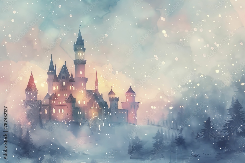 Capturing a winter wonderland, the castle glows warmly as snowflakes dance in the evening, creating a serene watercolor scene.