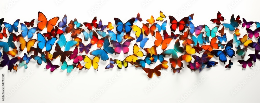 Lush, colorful butterflies arranged meticulously in a dynamic pattern, set against a white background for high contrast, top view Lush, colorful butterflies arranged meticulously in a dynamic pattern, set against a white background for high contrast, top view