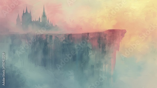 Surreal collage of a castle with floating elements, disjointed perspective, dreamlike quality, vibrant collage materials, watercolor style. photo