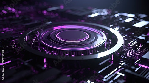 Technology abstract background with hud styled round interface elements in neon tech light.