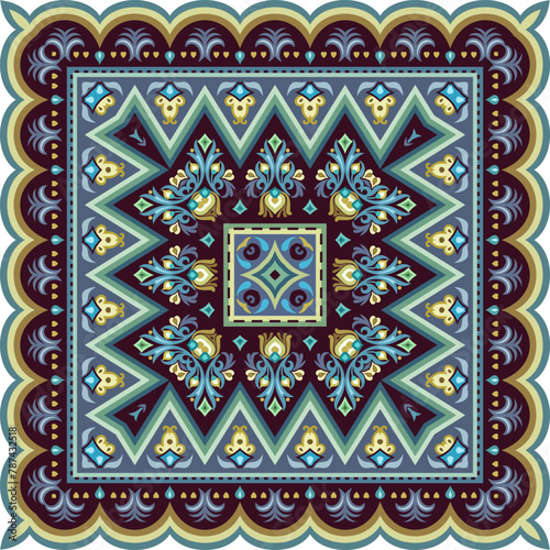 Vector abstract decorative ethnic ornamental illustration. Colorful square carpet