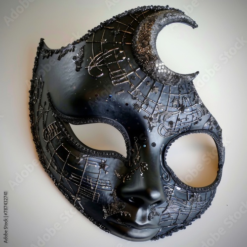 a black, sparkly full masquerade mask. Intricate in design with inspiration from astrology and music notes
